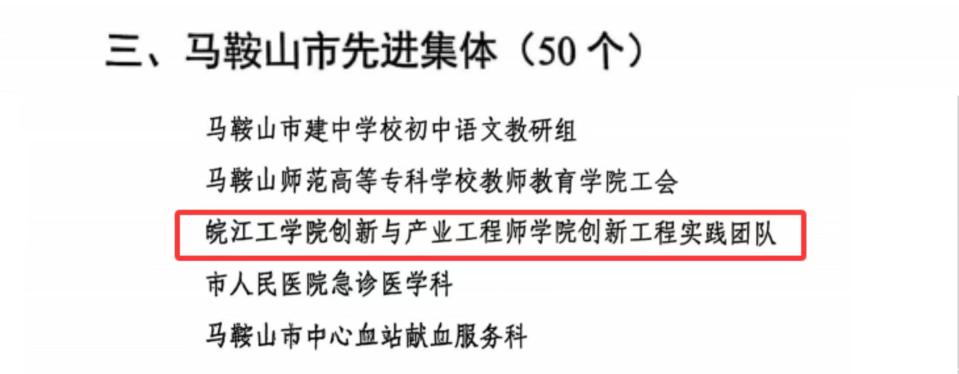 <strong>我校创新与产业工程师学院“创新工程实践团队”获评“2021-2024年度马鞍山市先进集体”</strong>